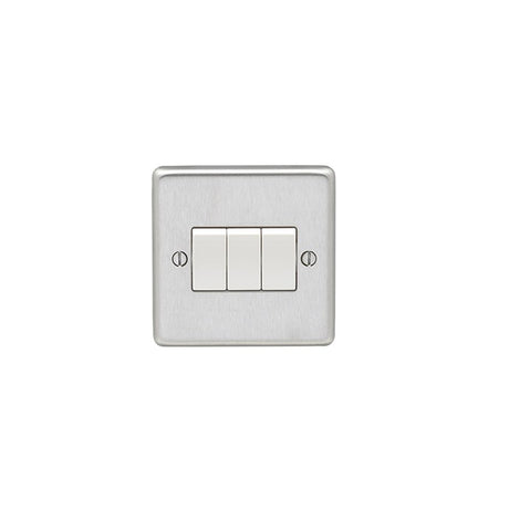 This is an image showing Eurolite Stainless Steel 3 Gang Switch - Satin Stainless Steel (With White Trim) sss3sww available to order from trade door handles, quick delivery and discounted prices.