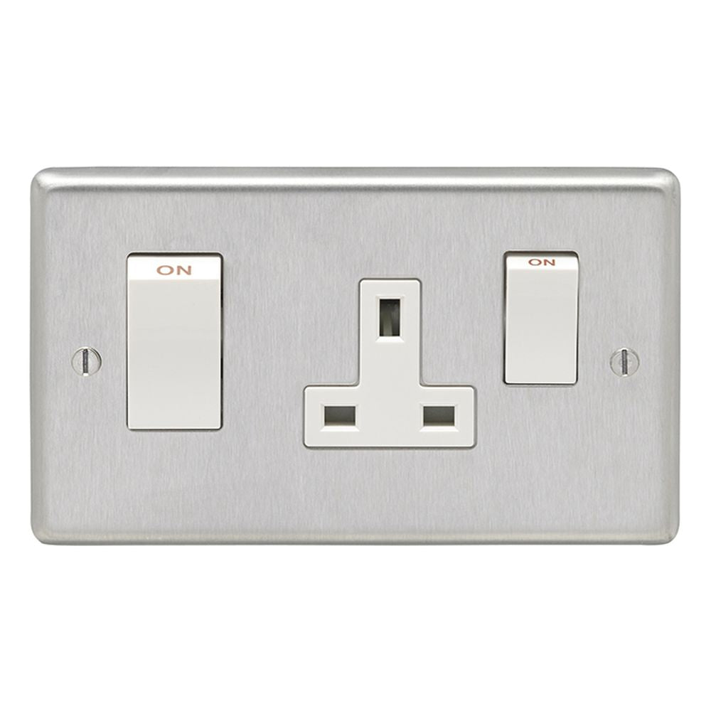 This is an image showing Eurolite Stainless Steel 45Amp Switch with a socket - Satin Stainless Steel (With White Trim) sss45aswasw available to order from trade door handles, quick delivery and discounted prices.