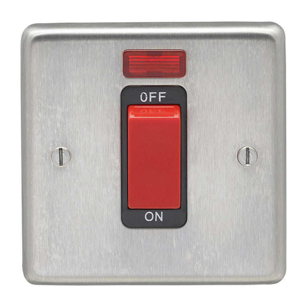 This is an image showing Eurolite Stainless Steel 45Amp Switch with Neon Indicator - Satin Stainless Steel (With Black Trim) sss45aswnsb available to order from trade door handles, quick delivery and discounted prices.