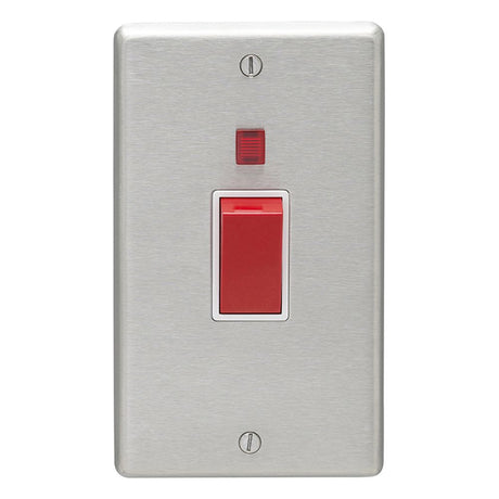 This is an image showing Eurolite Stainless Steel 45Amp Switch with Neon Indicator - Satin Stainless Steel (With White Trim) sss45aswnw available to order from trade door handles, quick delivery and discounted prices.