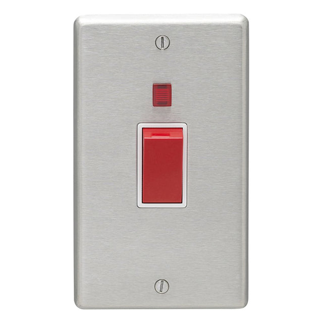 This is an image showing Eurolite Stainless Steel 45Amp Switch with Neon Indicator - Satin Stainless Steel (With White Trim) sss45aswnw available to order from trade door handles, quick delivery and discounted prices.