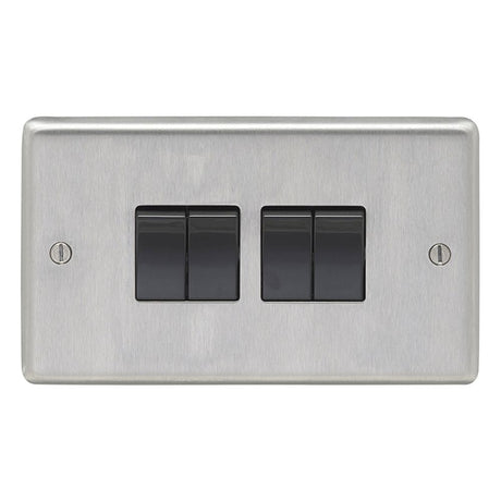 This is an image showing Eurolite Stainless Steel 4 Gang Switch - Satin Stainless Steel (With Black Trim) sss4swb available to order from trade door handles, quick delivery and discounted prices.