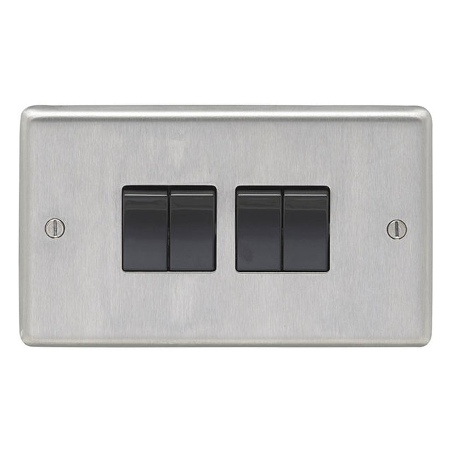 This is an image showing Eurolite Stainless Steel 4 Gang Switch - Satin Stainless Steel (With Black Trim) sss4swb available to order from trade door handles, quick delivery and discounted prices.