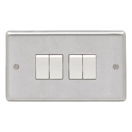 This is an image showing Eurolite Stainless Steel 4 Gang Switch - Satin Stainless Steel (With White Trim) sss4sww available to order from trade door handles, quick delivery and discounted prices.