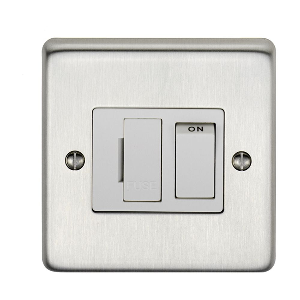 This is an image showing Eurolite Stainless Steel Switched Fuse Spur - Satin Stainless Steel (With White Trim) sssswfw available to order from trade door handles, quick delivery and discounted prices.