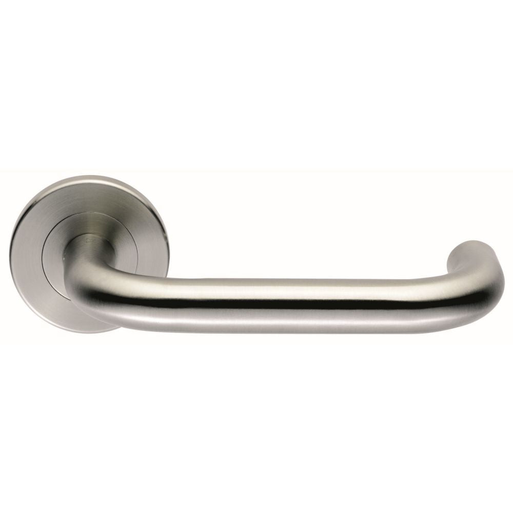 This is an image of a Eurospec - Steelworx 316 Safety Lever on Round rose - Satin Stainless Steel that is availble to order from Trade Door Handles in Kendal.