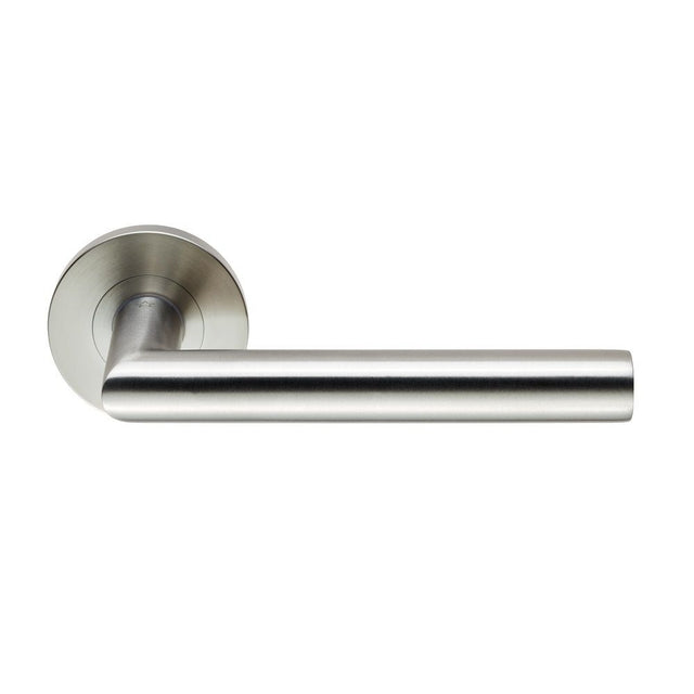 This is an image of a Eurospec - 19mm Dia. Grade 4 Mitred Safety Lever on Round Rose - Satin Stainless that is availble to order from Trade Door Handles in Kendal.