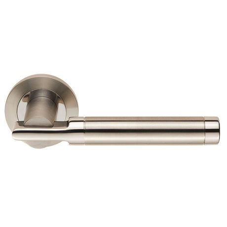 This is an image of a Eurospec - Steelworx SWL Berna Lever on Rose - Bright/Satin Stainless Steel that is availble to order from Trade Door Handles in Kendal.