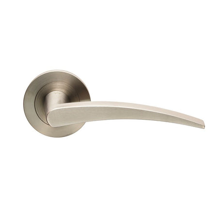 This is an image of a Eurospec - Volantes Designer Lever on Threaded Rose - Satin Stainless Steel that is availble to order from Trade Door Handles in Kendal.