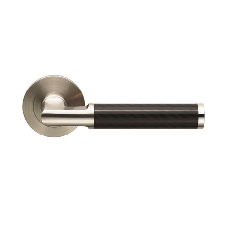 This is an image of a Eurospec - Carbon Fibre Lever on Threaded Rose - Satin Stainless Steel that is availble to order from Trade Door Handles in Kendal.