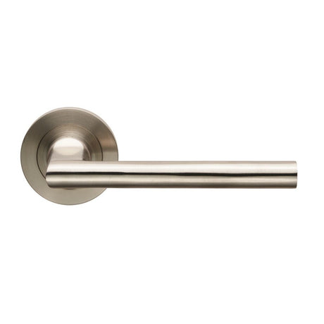 This is an image of a Eurospec - Soho Designer Lever on Threaded Rose - Satin Stainless Steel that is availble to order from Trade Door Handles in Kendal.