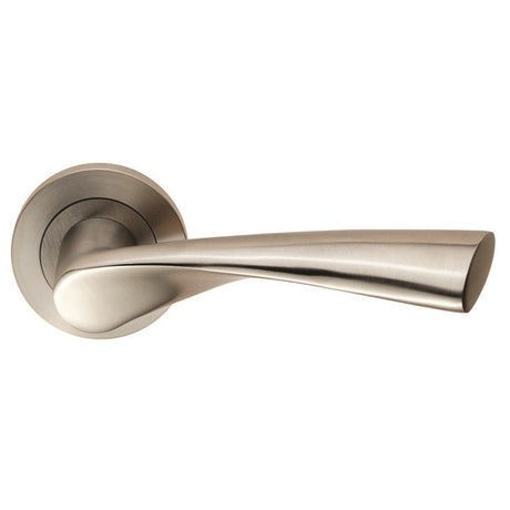 This is an image of a Eurospec - Steelworx SWL Breeze Lever on Rose - Satin Stainless Steel that is availble to order from Trade Door Handles in Kendal.