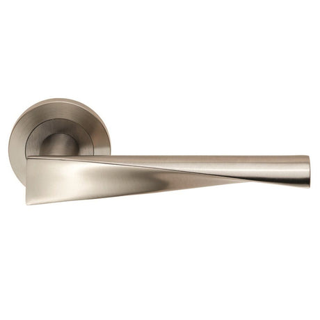 This is an image of a Eurospec - Steelworx SWL Brema Lever on Rose - Satin Stainless Steel that is availble to order from Trade Door Handles in Kendal.