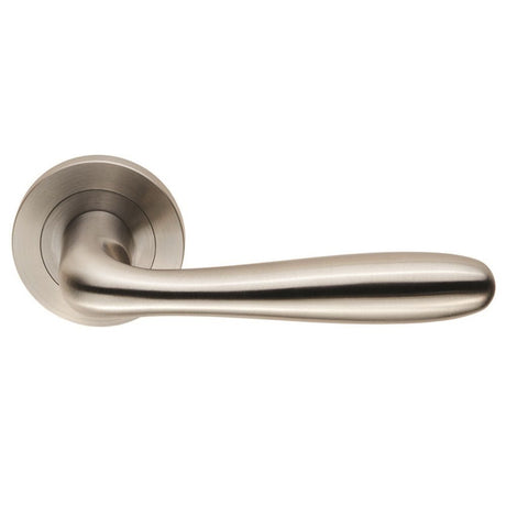 This is an image of a Eurospec - Steelworx SWL Peninsula Lever on Rose - Satin Stainless Steel that is availble to order from Trade Door Handles in Kendal.