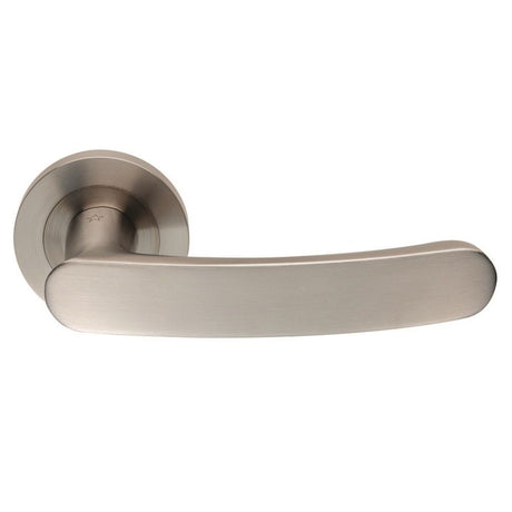 This is an image of a Eurospec - Steelworx SWL Berlino Lever on Rose - Satin Stainless Steel that is availble to order from Trade Door Handles in Kendal.