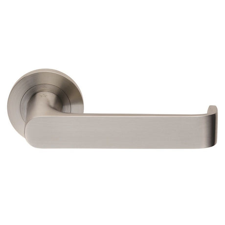 This is an image of a Eurospec - Steelworx SWL Zurigo Lever on Rose - Satin Stainless Steel that is availble to order from Trade Door Handles in Kendal.