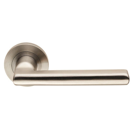 This is an image of a Eurospec - Steelworx SWL Carlton Lever on Rose - Satin Stainless Steel that is availble to order from Trade Door Handles in Kendal.