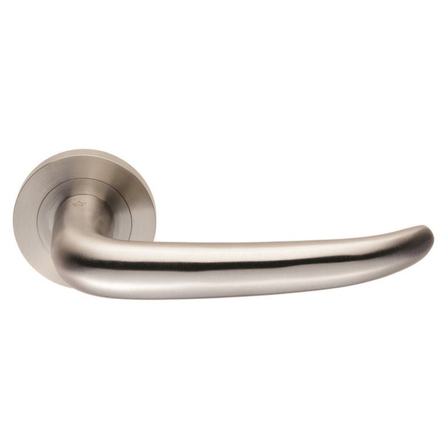 This is an image of a Eurospec - Steelworx SWL Luenza Lever on Rose - Satin Stainless Steel that is availble to order from Trade Door Handles in Kendal.