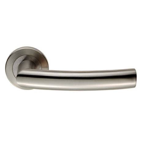 This is an image of a Eurospec - Steelworx SWL Scimitar Lever on Rose - Satin Stainless Steel that is availble to order from Trade Door Handles in Kendal.