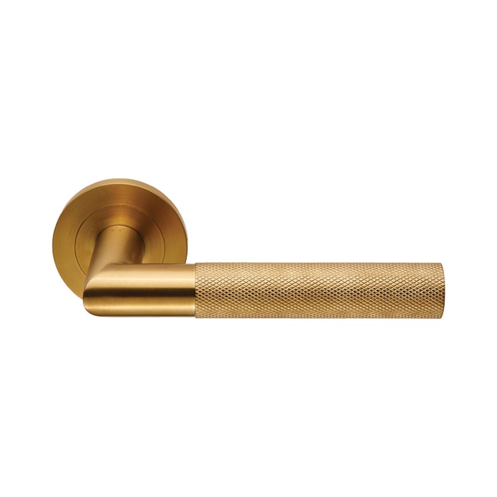 This is an image of a Eurospec - Steelworx Crown Knurled Lever - Satin PVD that is availble to order from Trade Door Handles in Kendal.