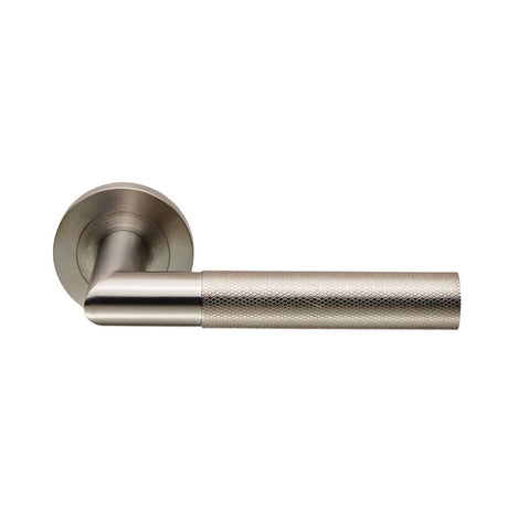 This is an image of a Eurospec - Steelworx Crown Knurled Lever - Satin Stainless Steel that is availble to order from Trade Door Handles in Kendal.