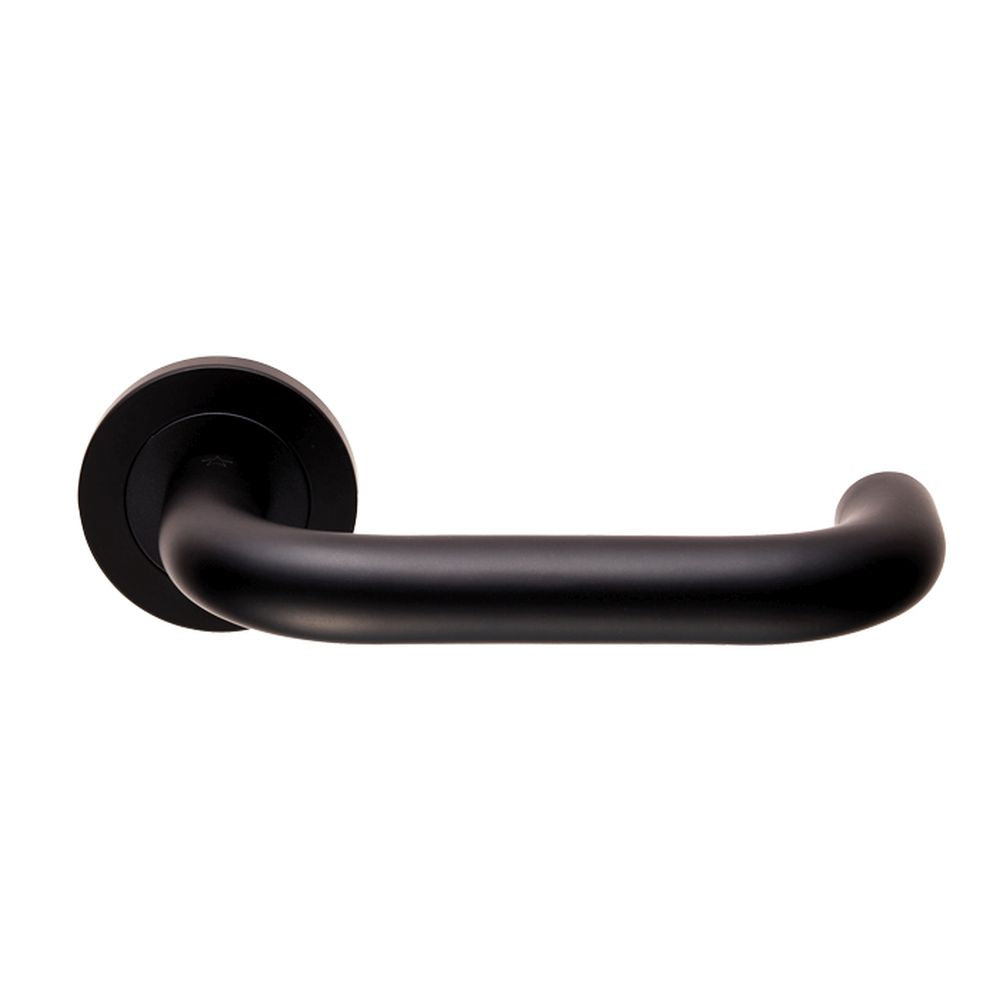 This is an image of a Eurospec - Steelworx SWL Nera Lever on Rose - Matt Black that is availble to order from Trade Door Handles in Kendal.