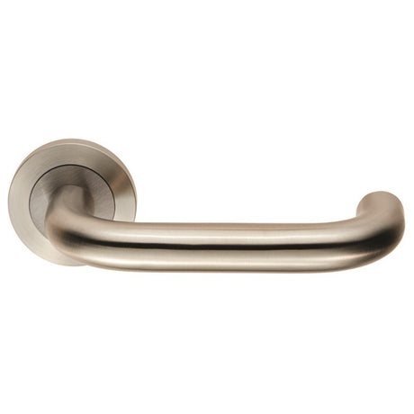 This is an image of a Eurospec - Steelworx SWL Nera Lever on Rose - Satin Stainless Steel that is availble to order from Trade Door Handles in Kendal.
