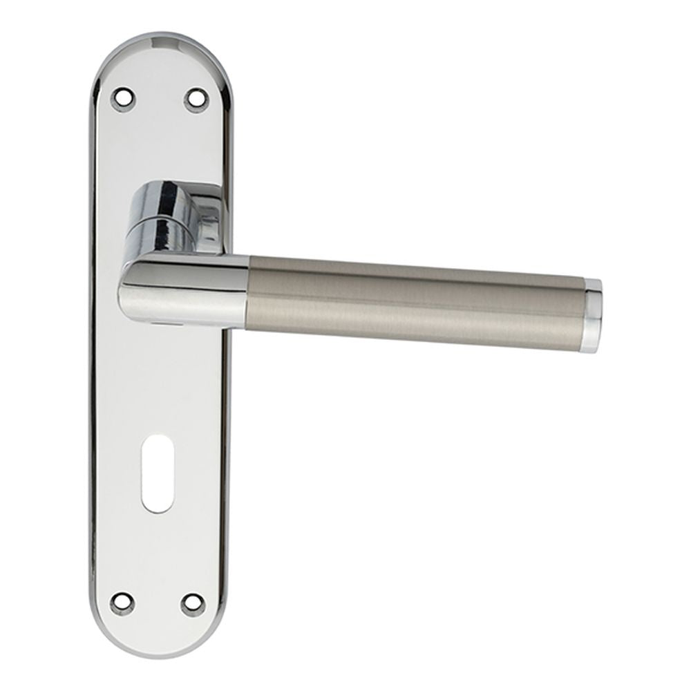 This is an image of a Serozzetta - Scope Lever on Lock Backplate - Polished Chrome Satin Nickel that is availble to order from Trade Door Handles in Kendal.