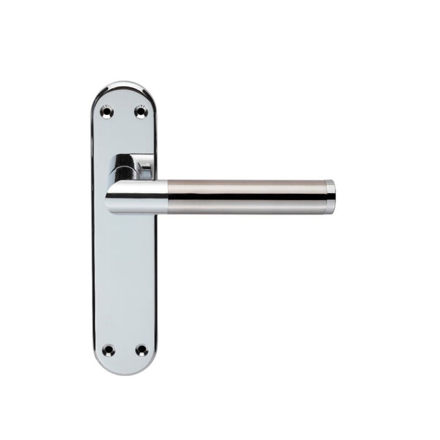 This is an image of a Serozzetta - Scope Lever on Latch Backplate - Polished Chrome Satin Nickel that is availble to order from Trade Door Handles in Kendal.