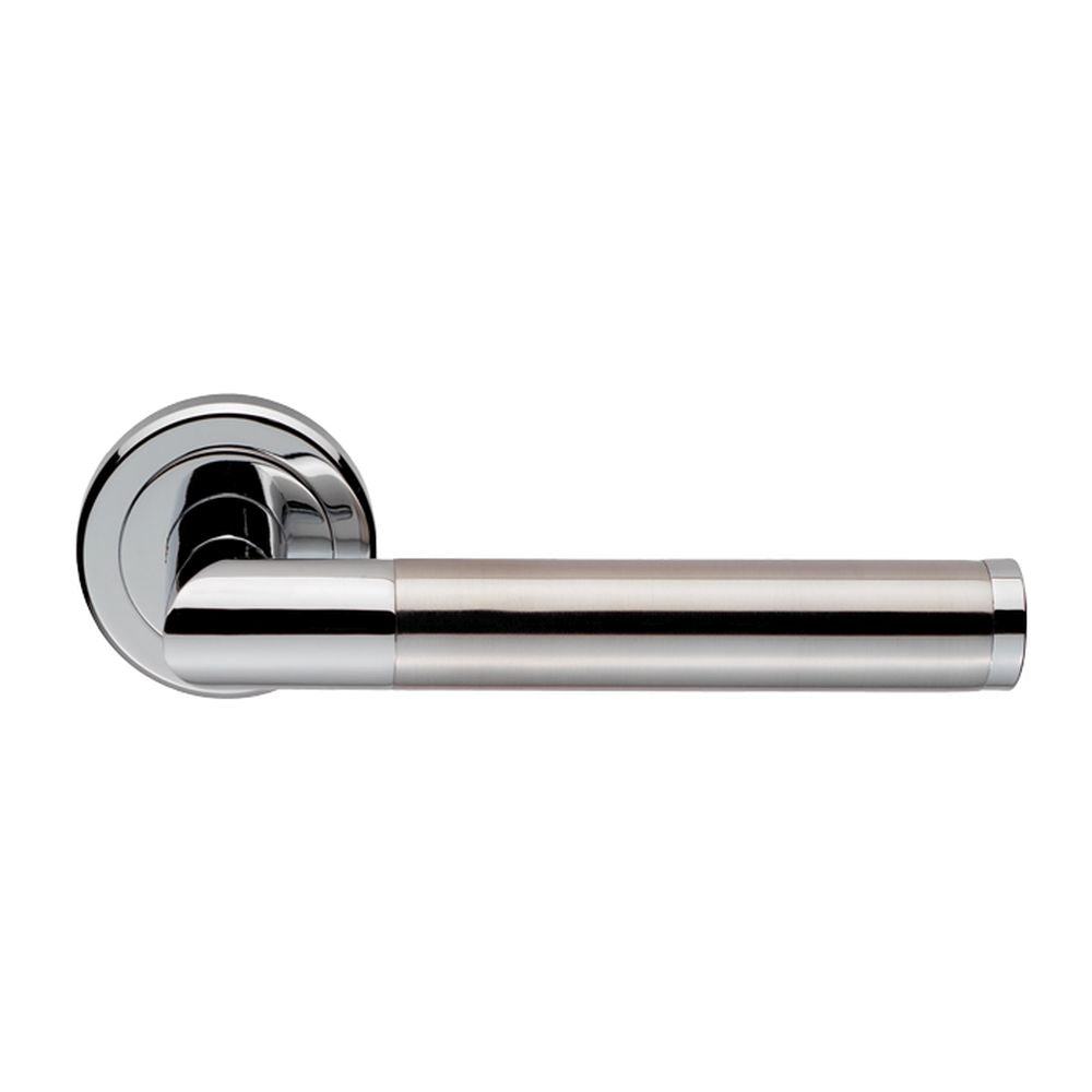 This is an image of a Serozzetta - Trend Lever on Round Rose - Polished Chrome Satin Nickel that is availble to order from Trade Door Handles in Kendal.