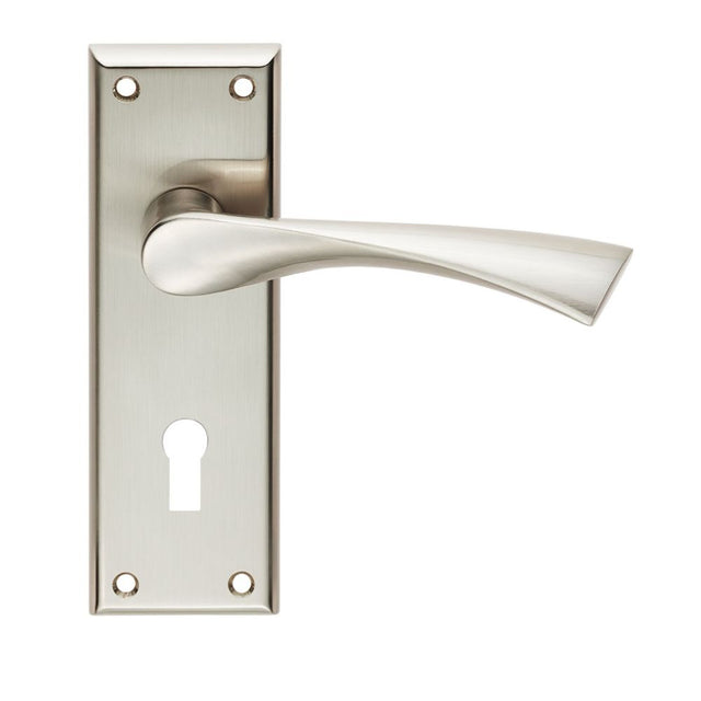 This is an image of a Serozzetta - Venti Lever on Lock Backplate - Satin Nickel that is availble to order from Trade Door Handles in Kendal.