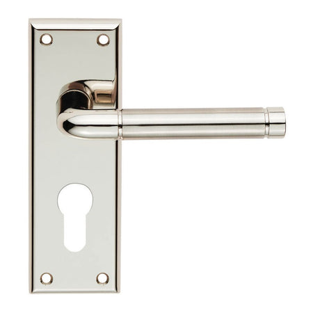This is an image of a Serozzetta - Quaranta Lever on Euro Lock Backplate - Polished Nickel/Satin Nicke that is availble to order from Trade Door Handles in Kendal.
