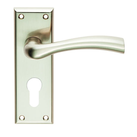 This is an image of a Serozzetta - Cinquanta Lever on Euro Lock Backplate - Satin Nickel that is availble to order from Trade Door Handles in Kendal.