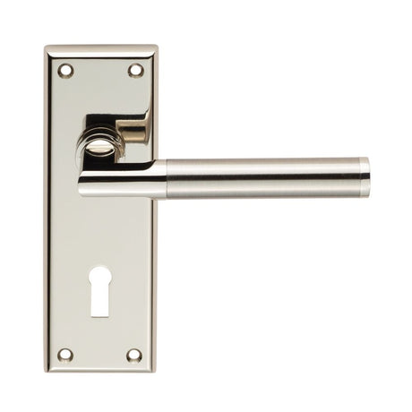 This is an image of a Serozzetta - Sessanta Lever on Lock Backplate - Polished Nickel/Satin Nickel that is availble to order from Trade Door Handles in Kendal.