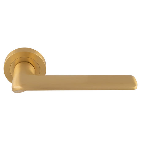 This is an image of a Manital - Vortex lever on rose - Satin Brass vx5sb that is availble to order from Trade Door Handles in Kendal.
